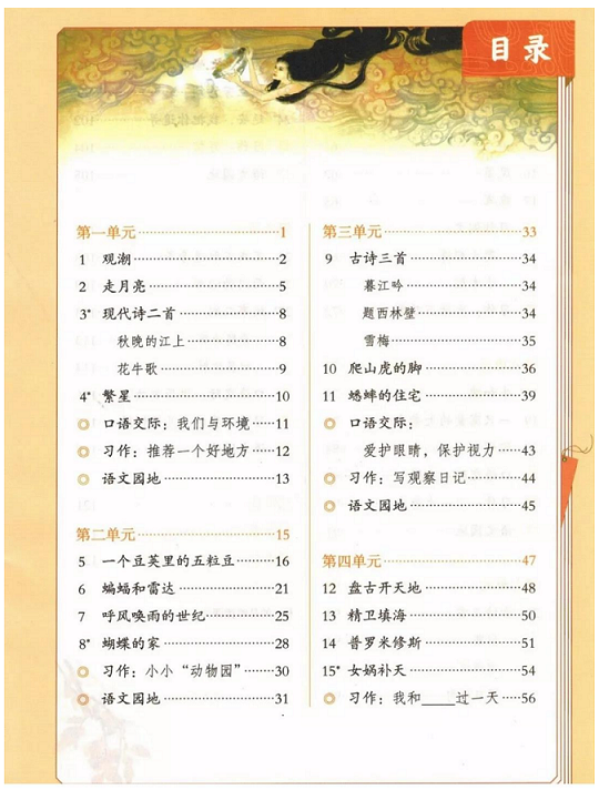 封面目录人教版小学四年级语文上册2019年5月发版课本全册教材
