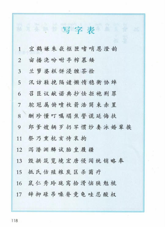 《写字表》人教版小学五年级语文上册2019年5月发版课本全册教材